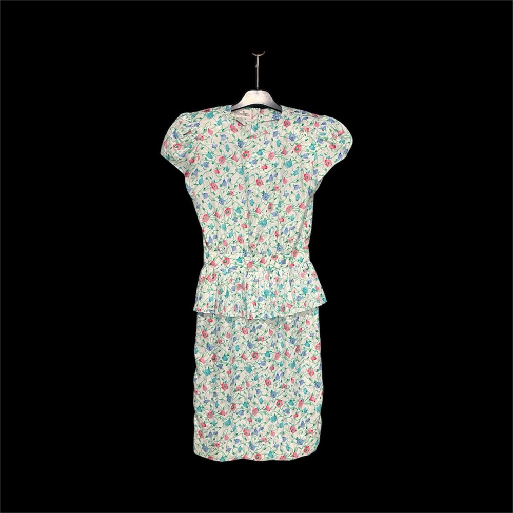 Vintage 80s Floral Print Peplum Wiggle Dress Size XS